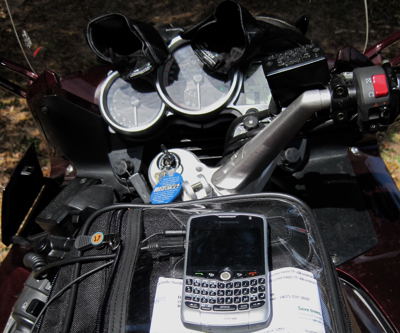 Cell phone with GPS in tank bag (c) 2010 Ted Grellner